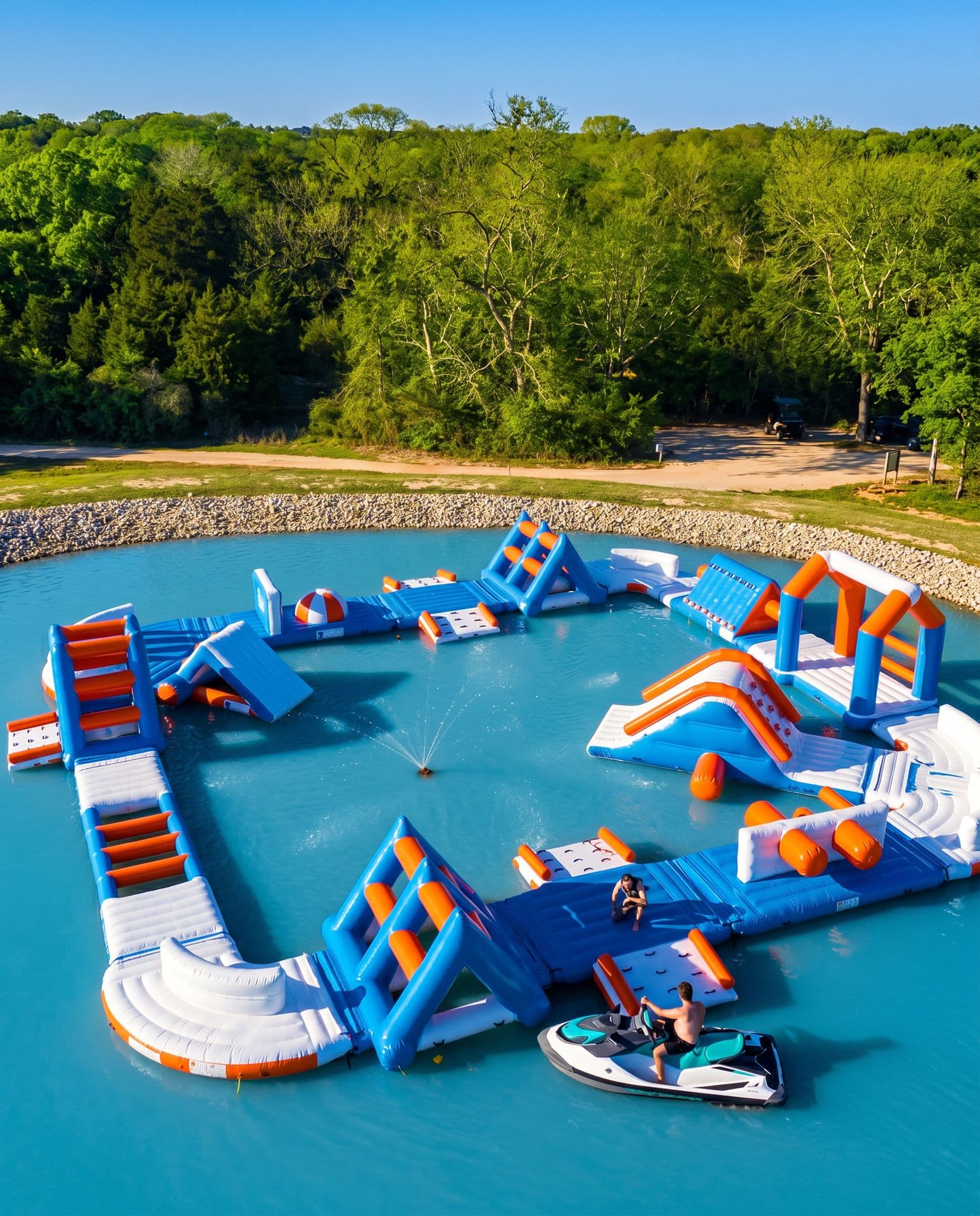 An inflatable water park floating on the lake, with a jet ski passing
